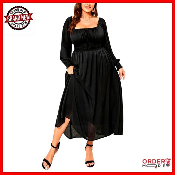 Dresses & Skirts - Plus Size Long Sleeve A-Line Dress Smocked Waist Elegant Wedding Guest Cocktail